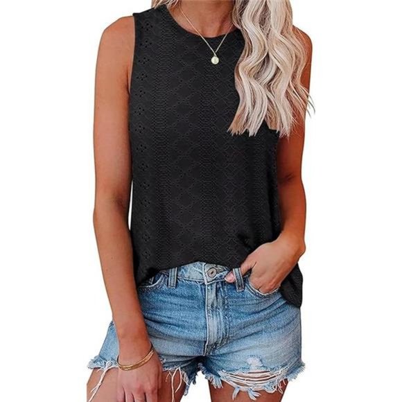 Womens Tank Tops Eyelet Embroidery Summer Sleeveless High Neck Loose Flowy Shirt - Picture 7 of 7